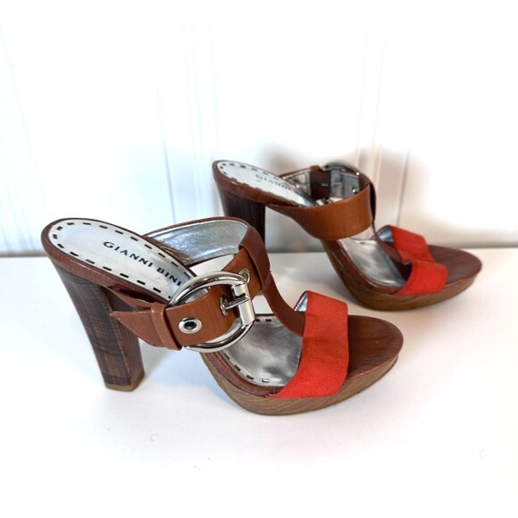 Gianni Bini T-Strap Leather Mules Heels Orange & Brown US 8M - Picture 5 of 10